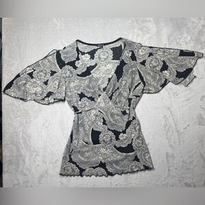 Arden B Black and Cream Paisley Wrap Blouse